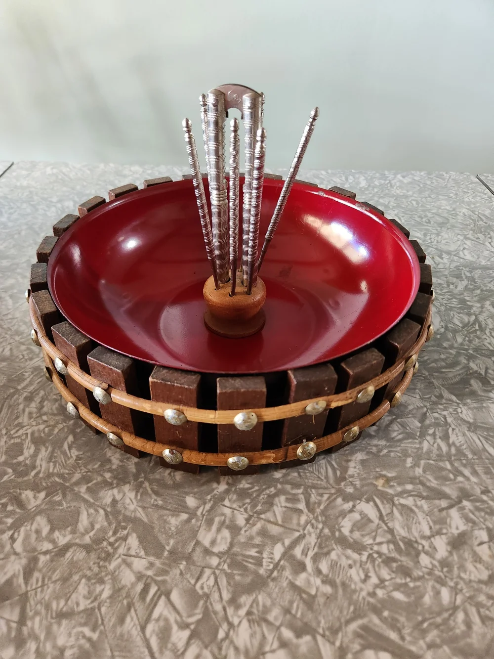 Vintage Source Unknown Red Enamel Nut Bowl with Wooden Rim and Metal Picks